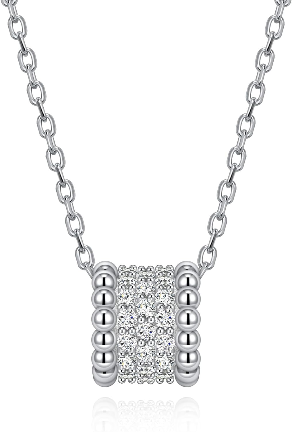 Moissanite Milgrain Necklace for Women, Sterling Silver 925 Column Round Pendant 18K White Gold Plated Dainty Chain Lab Created Diamond Luxury Anniversary Jewelry Birthday Gift for Her