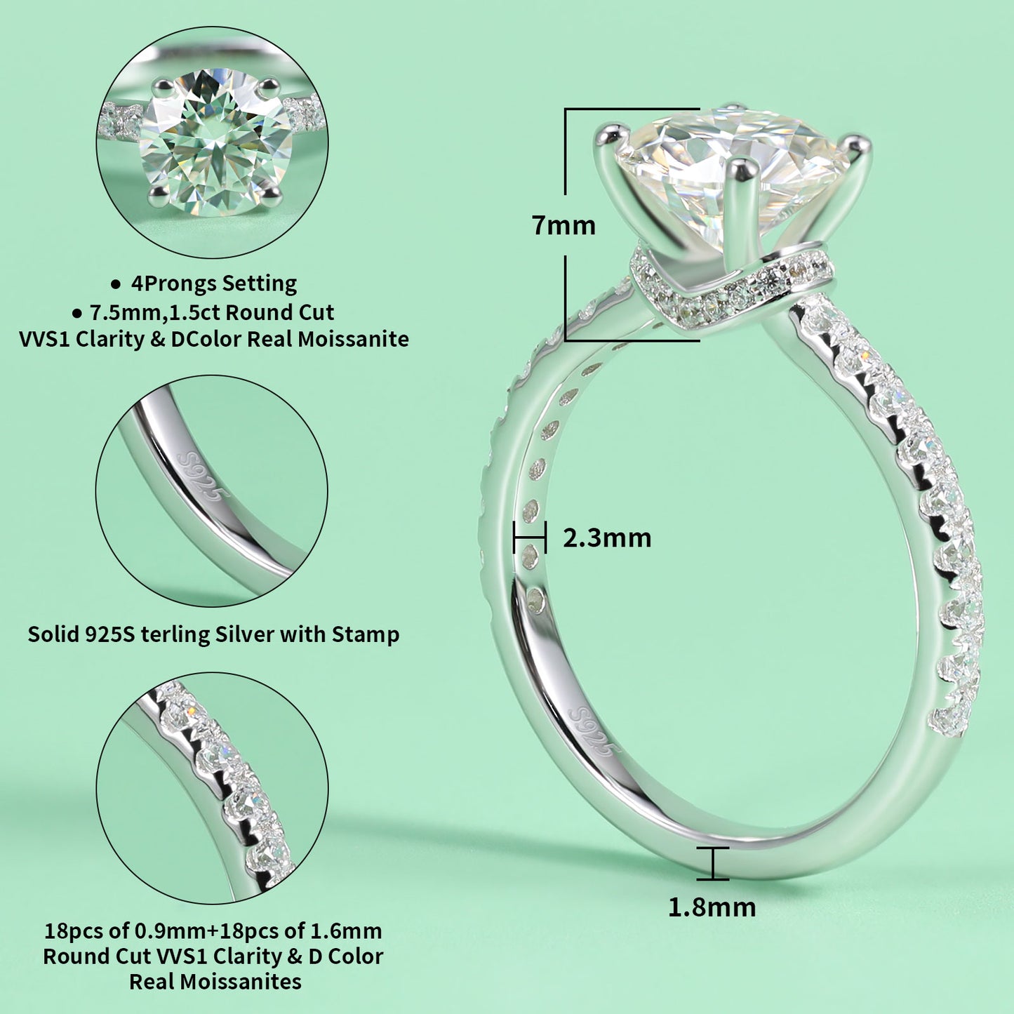 1.5 Carat Moissanite Engagement Ring for Women 925 Sterling Silver Round Cut Moissanite Solitaire Ring Lab Created Diamond Promise Ring for Her