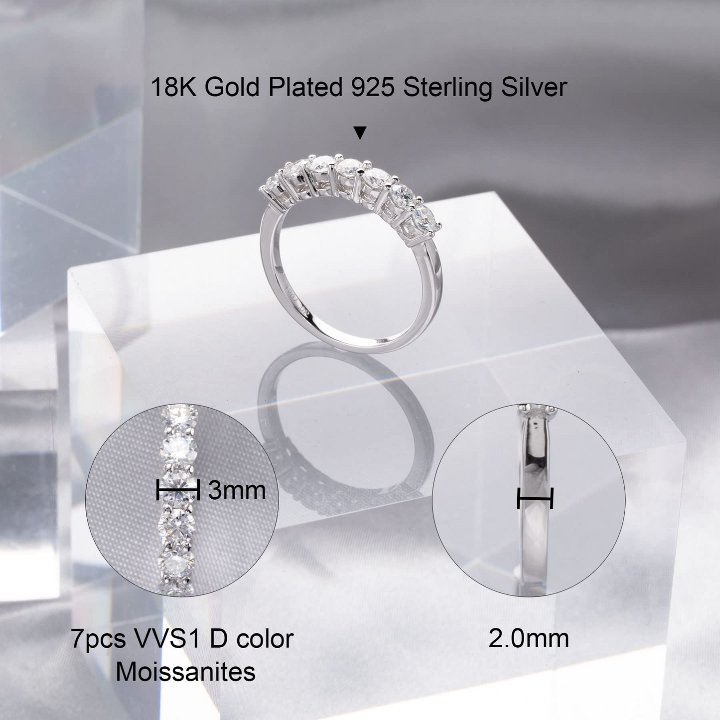 Ladylike Moissanite Wedding Band 18K White Gold Plated 925 Sterling Silver Wedding Rings 0.7ct D Color VVS1 Lab Created Diamond Half Eternity Wedding Band Stackable Ring for Women