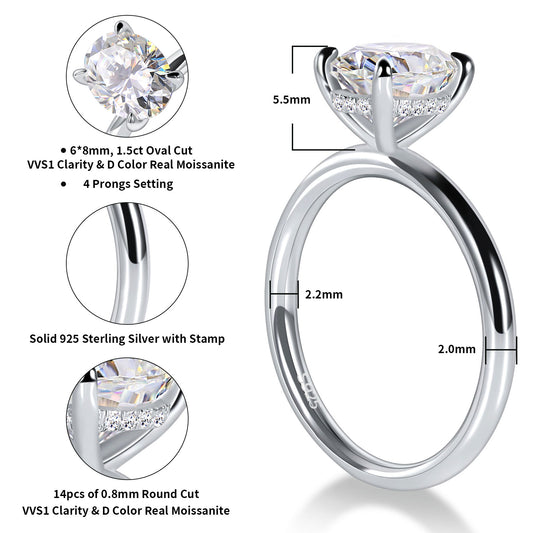 1.5 Carat Oval Cut Moissanite Engagement Ring for Women 925 Sterling Silver Solitaire Rings D Color Lab Created Diamond Promise Wedding Ring for Her
