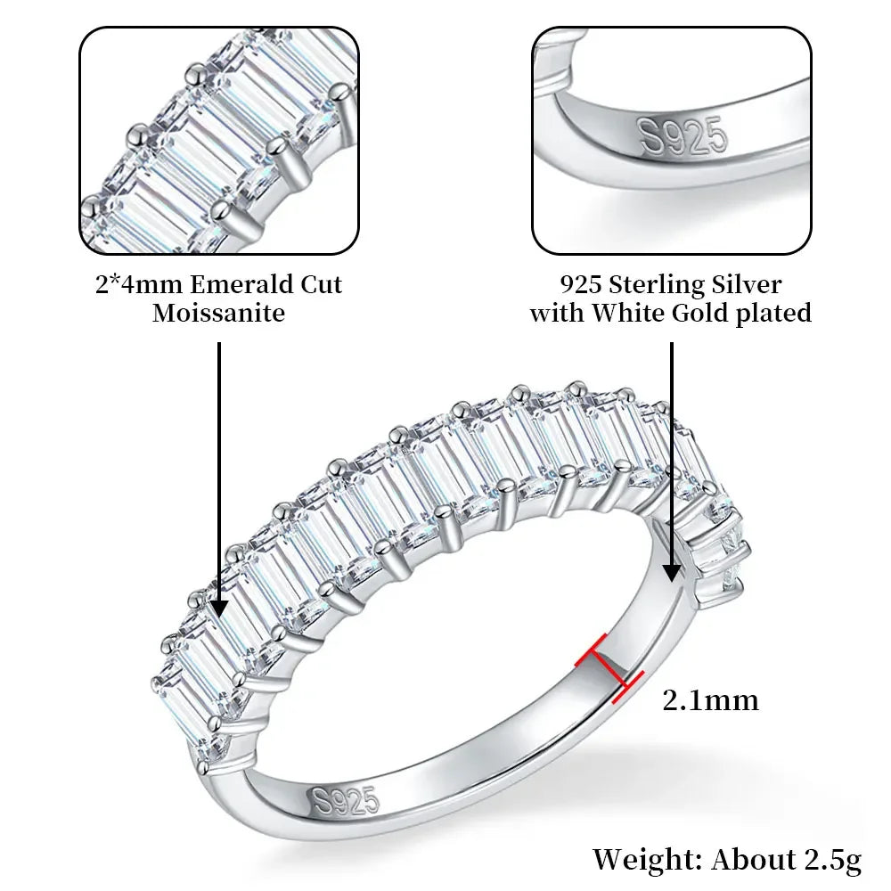 2*4mm Mossanite Ring for Women 925 Sterling Silver Plated Gold Rectangular Emerald Cut Lab Diamond Eternity Wedding Band Jewelry