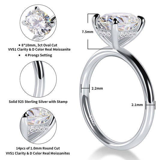 3 Carat Oval Cut Moissanite Engagement Ring for Women 925 Sterling Silver Solitaire Rings D Color Lab Created Diamond Promise Wedding Ring for Her