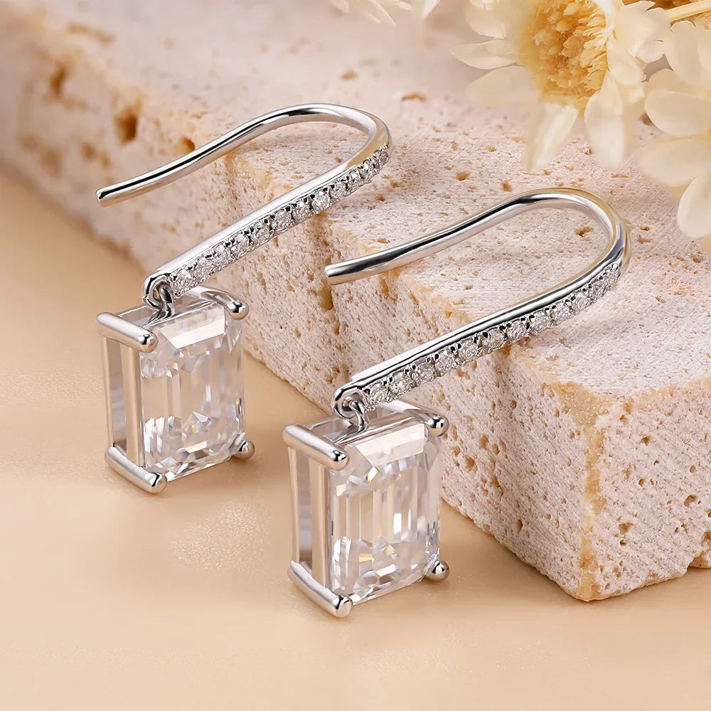 4ct Moissanite Drop Earrings 925 Sterling Silver VVS1 Emerald Cut D Color Lab Diamond Dangle Earring Hooks Wedding Fine Jewelry