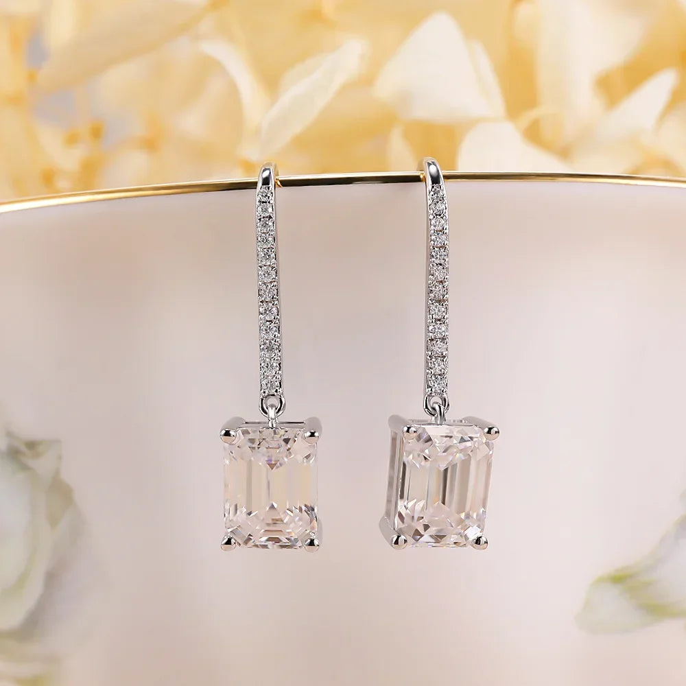 4ct Moissanite Drop Earrings 925 Sterling Silver VVS1 Emerald Cut D Color Lab Diamond Dangle Earring Hooks Wedding Fine Jewelry