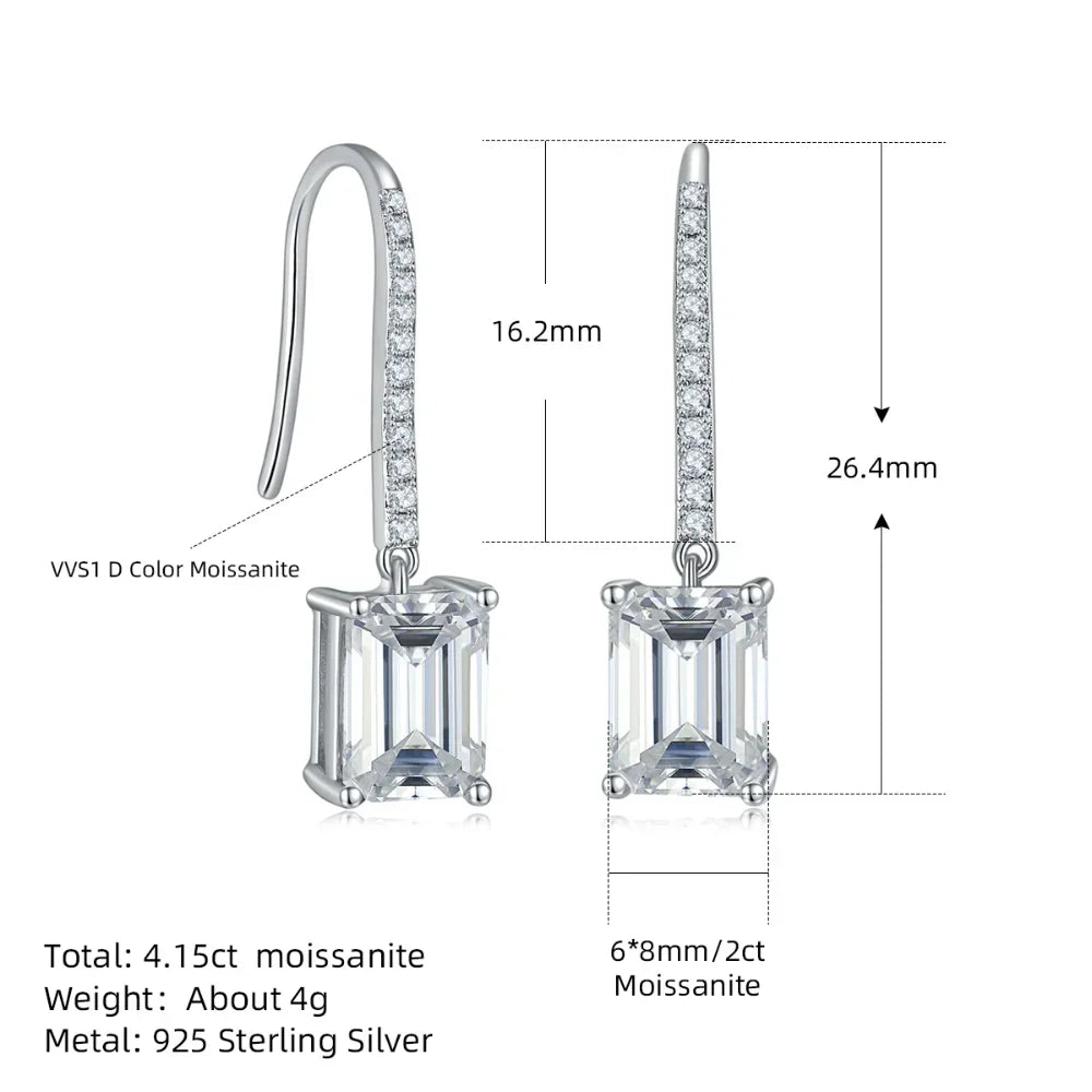 4ct Moissanite Drop Earrings 925 Sterling Silver VVS1 Emerald Cut D Color Lab Diamond Dangle Earring Hooks Wedding Fine Jewelry