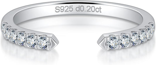 Ladylike Moissanite Open Rings for Women Half Eternity Wedding Band S925 Sterling Silver Adjustable Dainty Stackable Engagement Ring Anniversary Band for Her