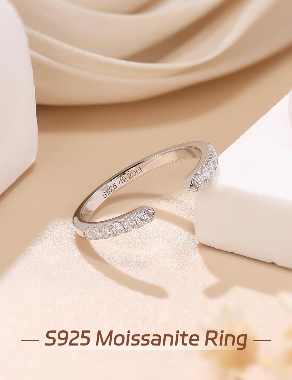 Ladylike Moissanite Open Rings for Women Half Eternity Wedding Band S925 Sterling Silver Adjustable Dainty Stackable Engagement Ring Anniversary Band for Her