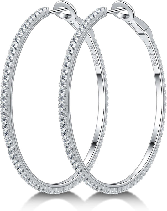 Ladylike Moissanite Hoop Earrings, 1.17-2.19cttw D Color VVS1, 925 Sterling Silver Large Huggie Hoop Earrings for Women, Hypoallergenic Lightweight Wedding Ear Jewelry, 30mm 40mm 50mm