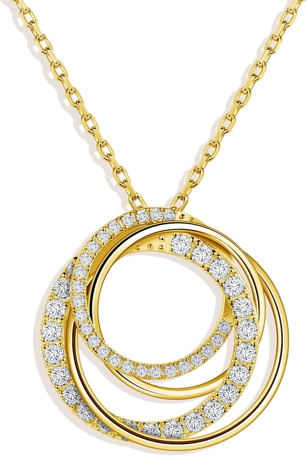 Ladylike Moissanite Interlocking Circle Pendant Necklace for Women 925 Sterling Silver with 18K Gold Plated Adjustable Chain 4 Generations Necklace Mother's Day Anniversary Valentine's Day Jewelry Gifts
