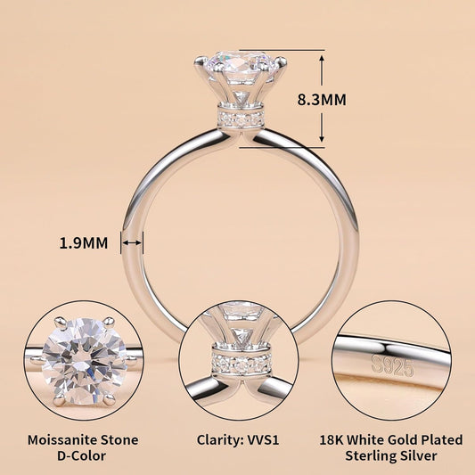 1CT Moissanite Engagement Ring for Women 6 Prongs Round Cut Solitaire Ring 18K White Gold Plated 925 Sterling Silver D Color VVS1 Lab Created Diamond Promise Ring for Her