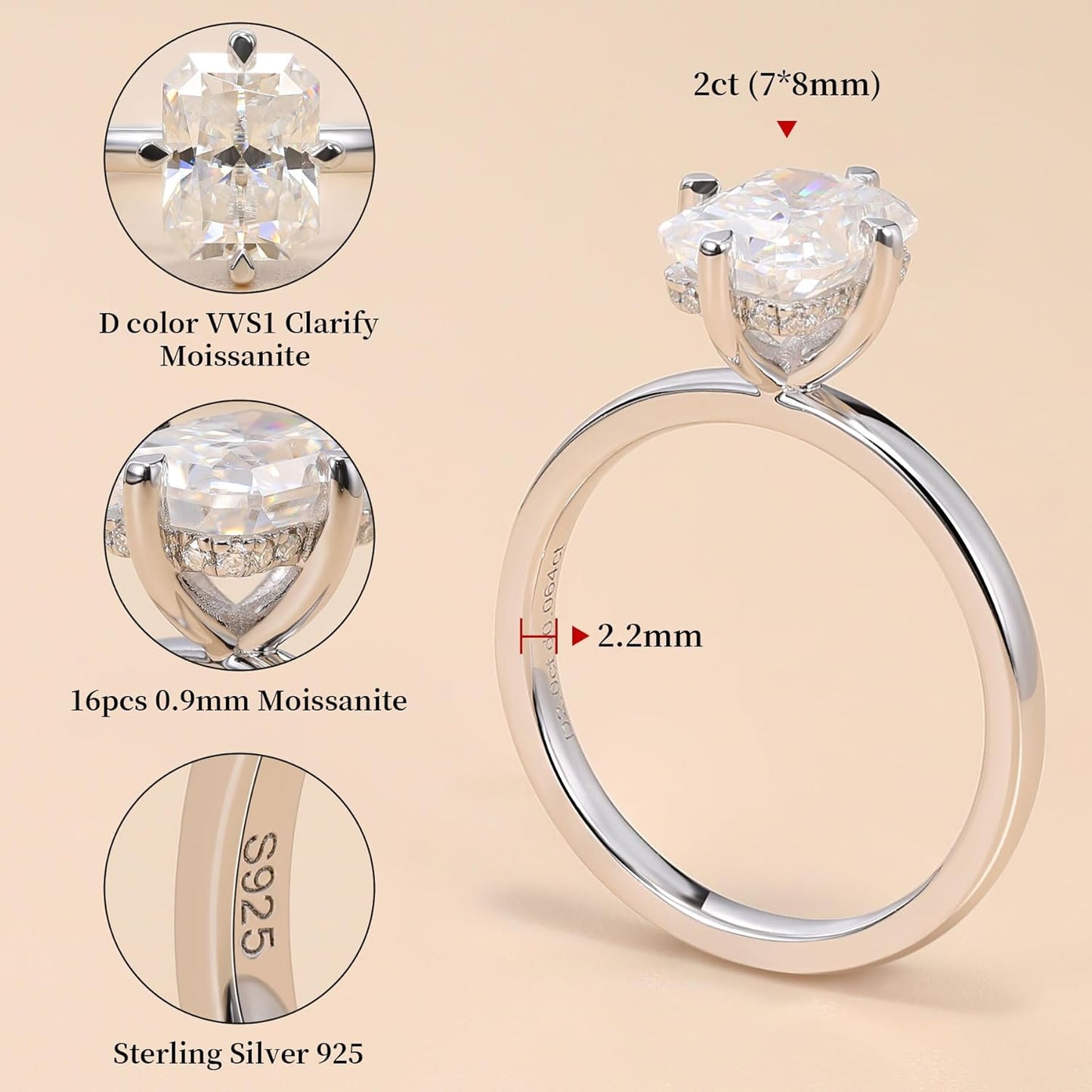 Moissanite Engagement Rings for Women 2ct Radiant Cut Sterling Silver 18k White Gold Plated Solitaire Promise Rings for Her Wedding Anniversary Bands for Women Size 4-11