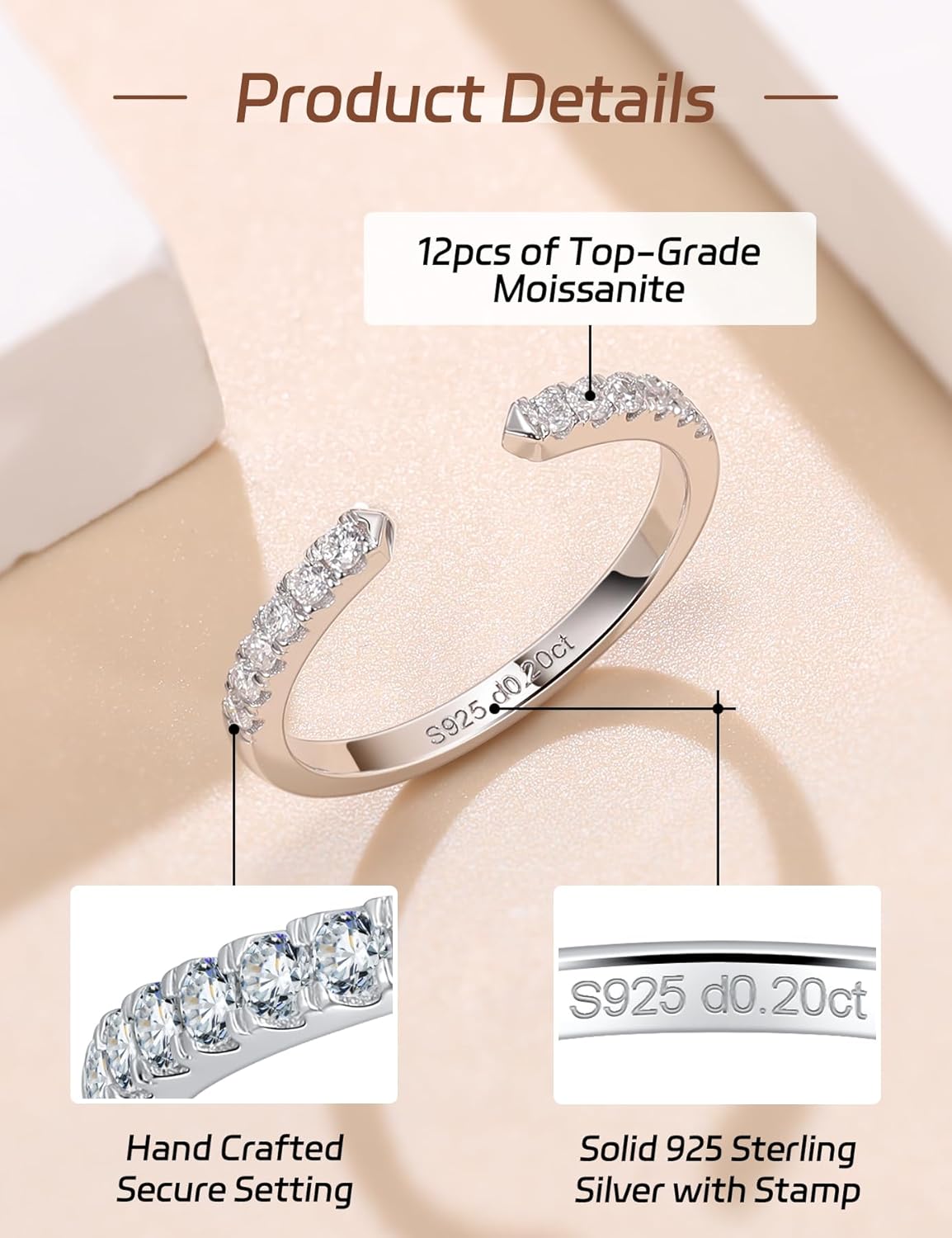 Ladylike Moissanite Open Rings for Women Half Eternity Wedding Band S925 Sterling Silver Adjustable Dainty Stackable Engagement Ring Anniversary Band for Her