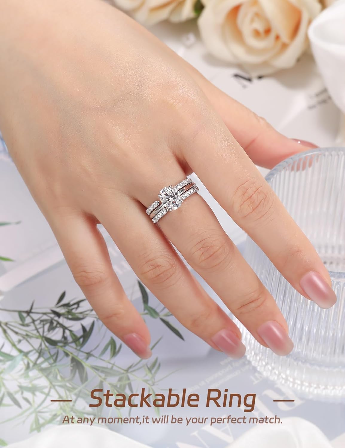 Ladylike Moissanite Open Rings for Women Half Eternity Wedding Band S925 Sterling Silver Adjustable Dainty Stackable Engagement Ring Anniversary Band for Her