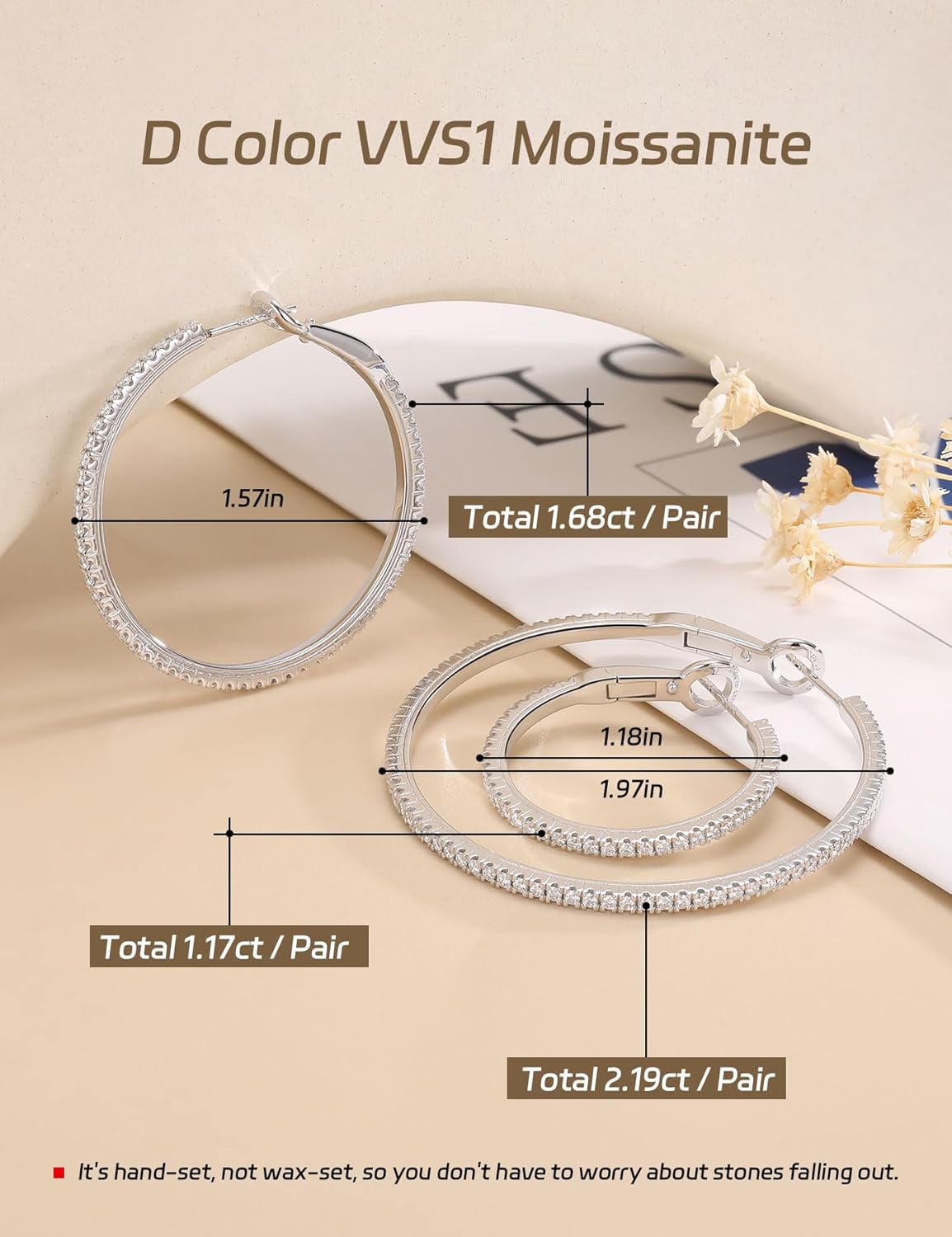 Ladylike Moissanite Hoop Earrings, 1.17-2.19cttw D Color VVS1, 925 Sterling Silver Large Huggie Hoop Earrings for Women, Hypoallergenic Lightweight Wedding Ear Jewelry, 30mm 40mm 50mm