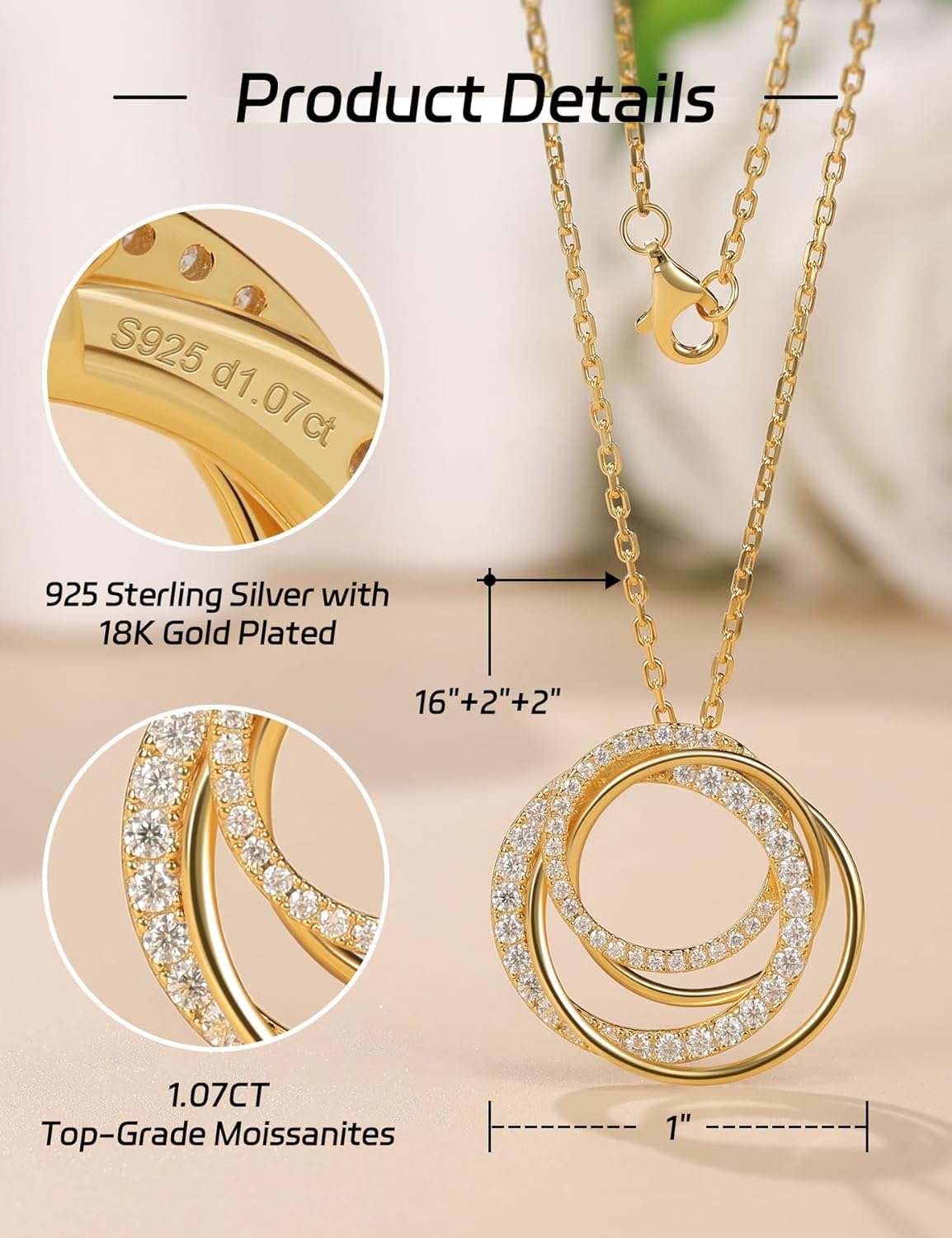 Ladylike Moissanite Interlocking Circle Pendant Necklace for Women 925 Sterling Silver with 18K Gold Plated Adjustable Chain 4 Generations Necklace Mother's Day Anniversary Valentine's Day Jewelry Gifts