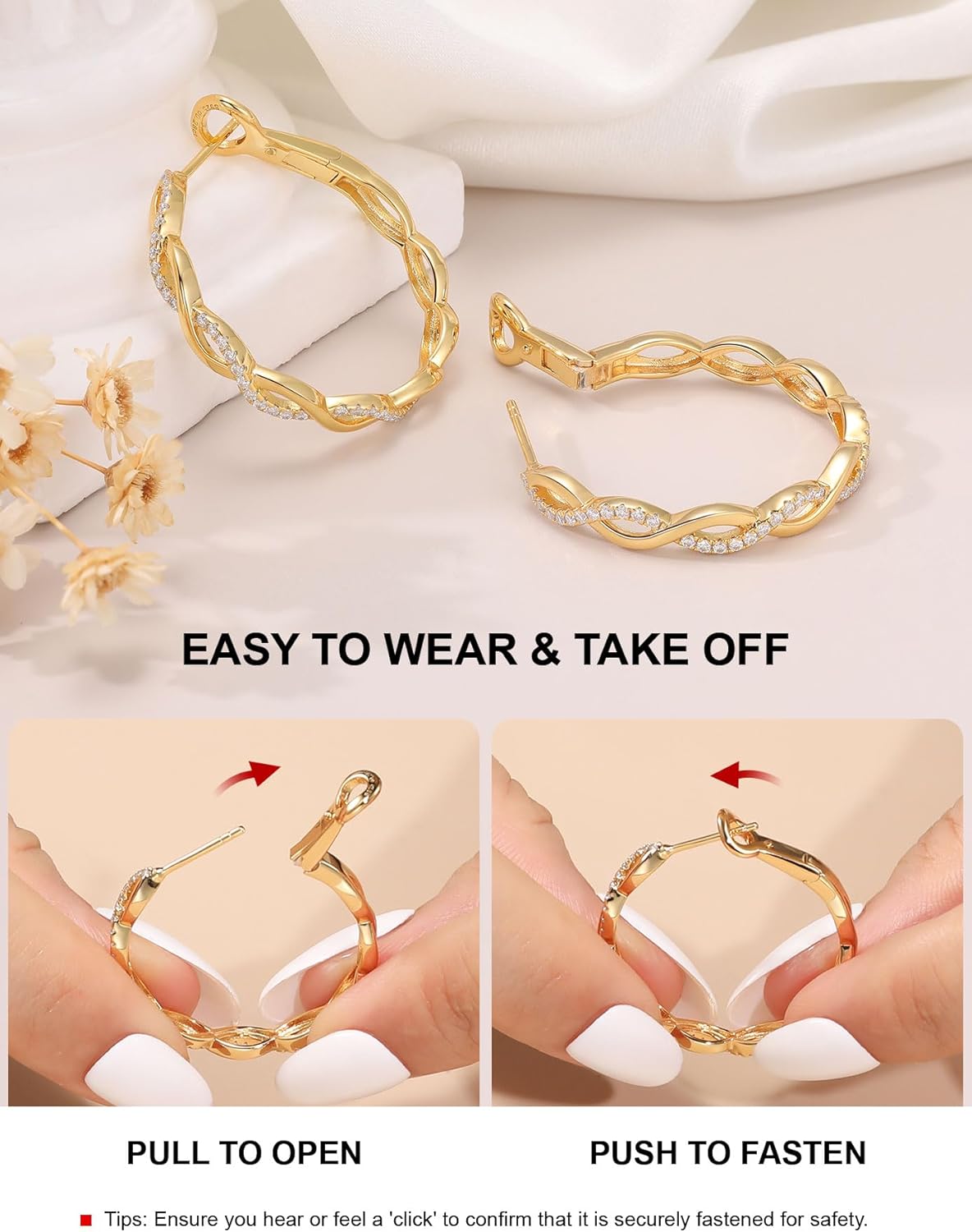 Ladylike Moissanite Hoop Earrings for Women 925 Sterling Silver with 18K Gold Plated Twisted Large Thick Round Huggie Loops Hypoallergenic and Lightweight Earrings 30-50MM