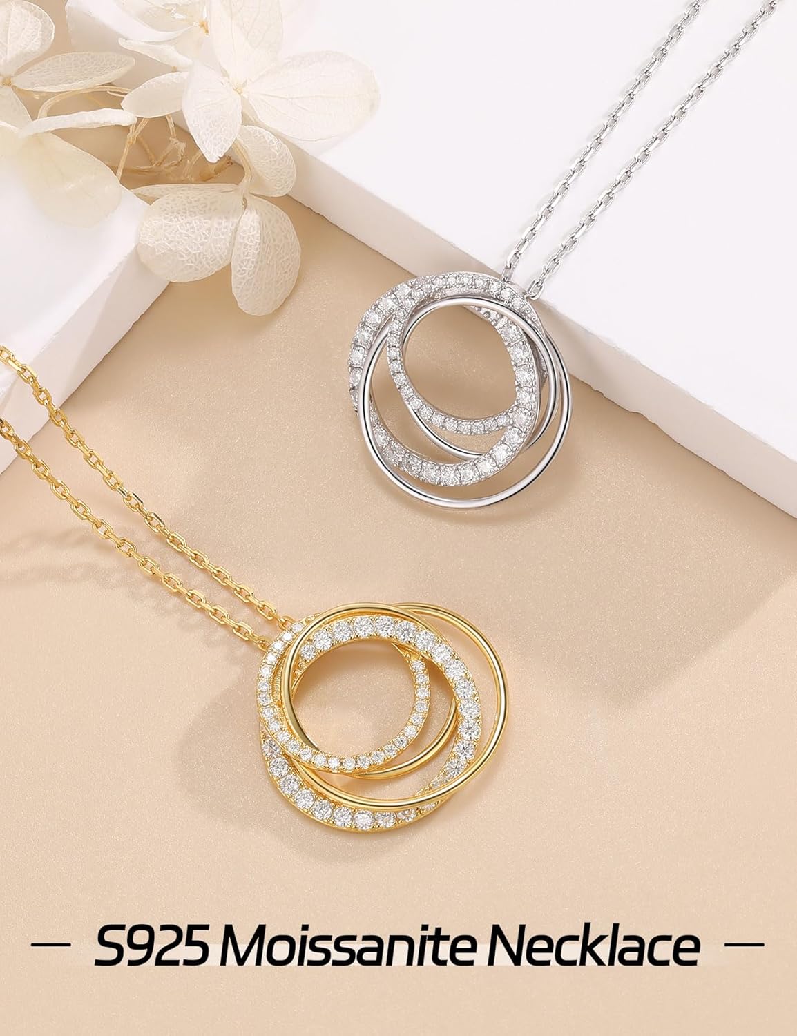 Ladylike Moissanite Interlocking Circle Pendant Necklace for Women 925 Sterling Silver with 18K Gold Plated Adjustable Chain 4 Generations Necklace Mother's Day Anniversary Valentine's Day Jewelry Gifts