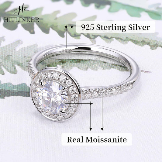 Moissanite Engagement Ring for Women Halo Round Cut Promise Rings 925 Sterling Silver Lab Created Diamond Ring D Color VVS1 Clarity Anniversary Ring