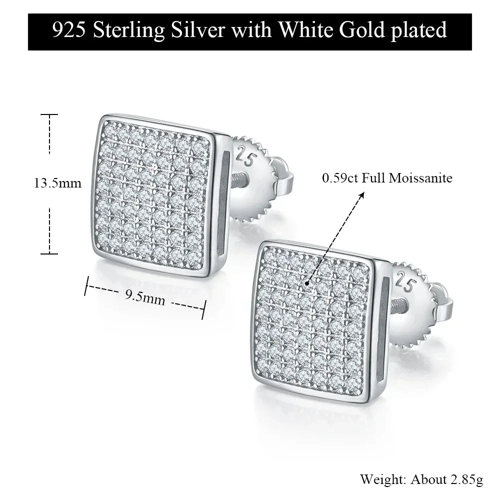 Full Moissanite Square Stud Earrings for Men/Women S925 Sterling Silver 18K Yellow Gold Plated Pass Diamond Test D VVS1 Jewelry