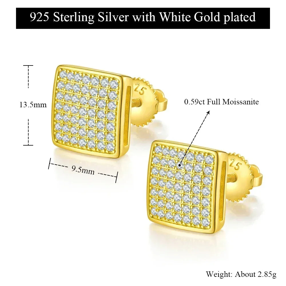 Full Moissanite Square Stud Earrings for Men/Women S925 Sterling Silver 18K Yellow Gold Plated Pass Diamond Test D VVS1 Jewelry