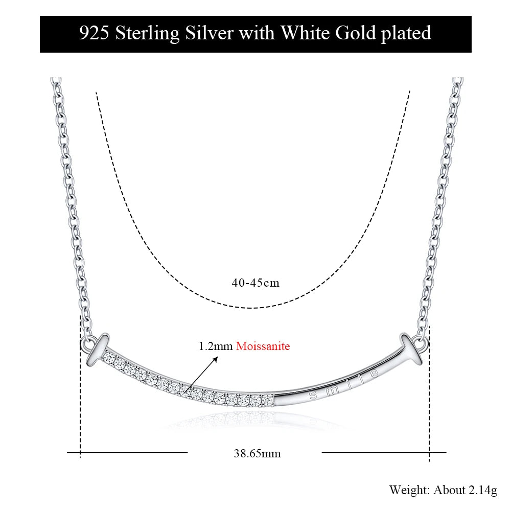 Full Moissanite Necklace Smile Pendant 925 Sterling Silver Chain 1.2mm Lab Diamond Necklace for Women Sparkling Jewelry