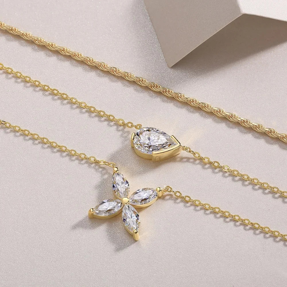 Moissanite Necklaces 925 Sterling Silver 18K Yellow Gold Plated Double Layer Chain for Women Fashion Diamond Jewelry