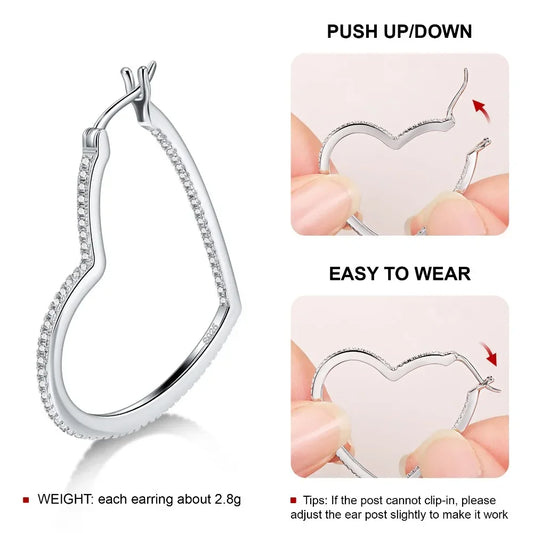 Moissanite Earrings Gemstone Diamond 18K White Gold Plated 925 Sterling Silver Love Heart Drop Earrings for Women D VVS1 Jewelry