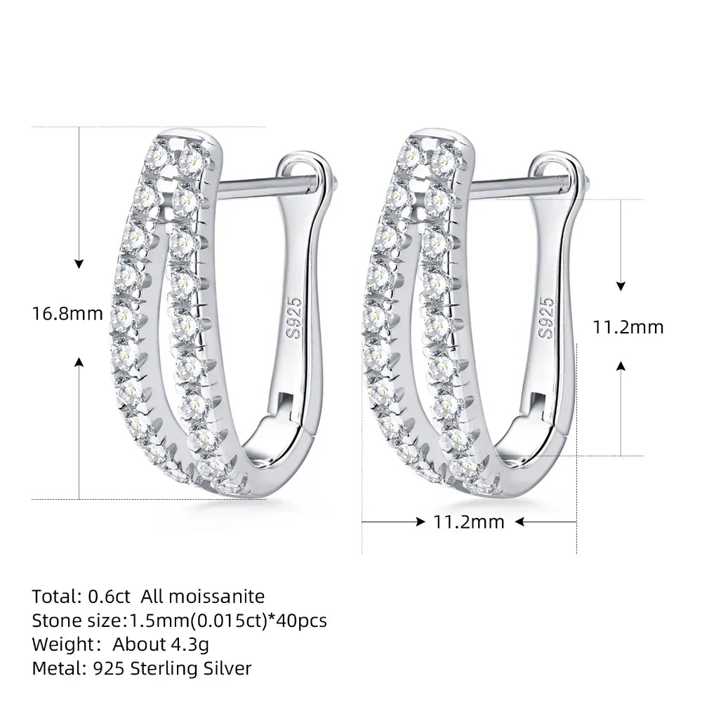 Moissanite U Shape Clip Earrings 925 Silver Hoop Earrings for Women Lab Diamond Ear Studs 14k Gold Plated Wedding Fine Jewelry