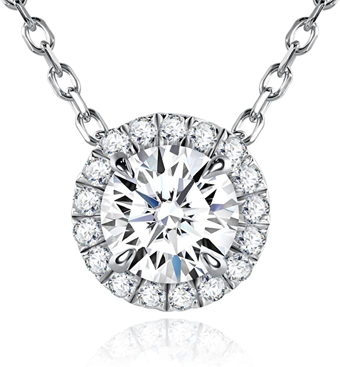 Moissanite Necklace for Women 1 Carat D Color Moissanite Pendant Lab Created Diamond Adjustable Sterling Silver Halo Necklace with Certificate of Authenticity