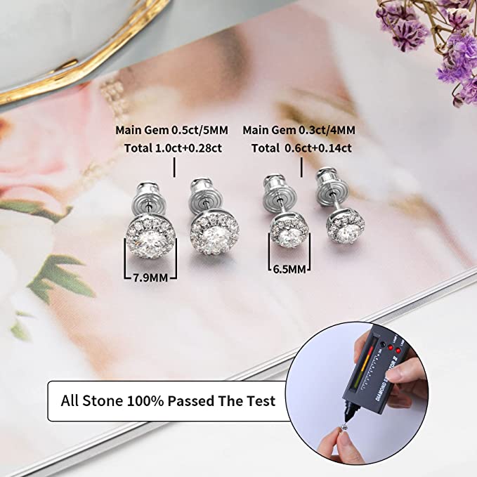 0.6-2.0 Carat Ladylike Moissanite Earrings Studs 18K White Gold Plated Sterling Silver Stud Halo Earrings D Color VVS1 Round Cut Lab Created Diamond