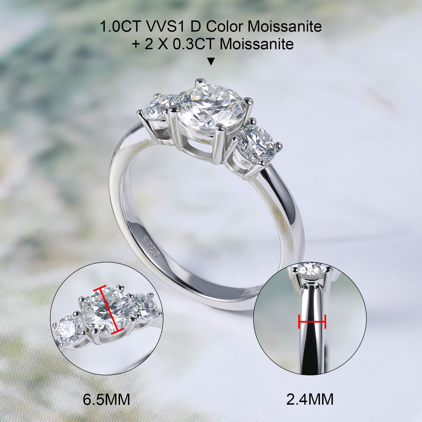 Ladylike Moissanite Engagement Rings for Women Solid Sterling Silver Round Cut 3 Stone Ring 1.6 Carats D Color VVS1 Moissanite Rings Anniversary Wedding Ring 18K White Gold Plated Promise Ring for Her