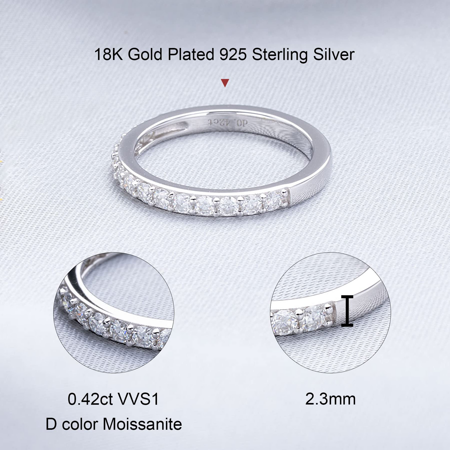 Ladylike Moissanite Wedding Band 18K White Gold Plated 925 Sterling Silver Wedding Rings 0.42ct D Color VVS1 Lab Created Diamond Half Eternity Wedding Band Stackable Ring for Women